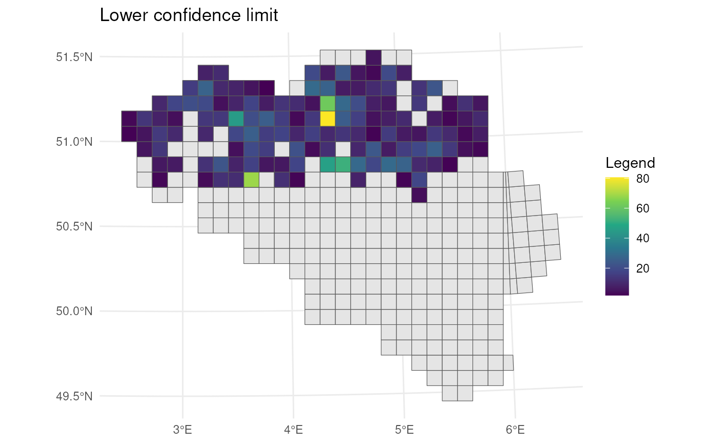 Lower CI's for mean number of occurrences per grid cell.